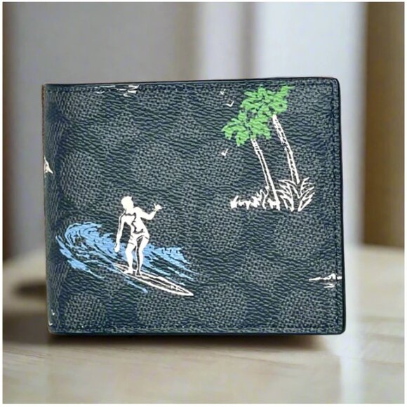 Coach CBK15 Surf ID Wallet Men’s Signature Canvas Charcoal Bifold with 3-in-1 In - Picture 1 of 9